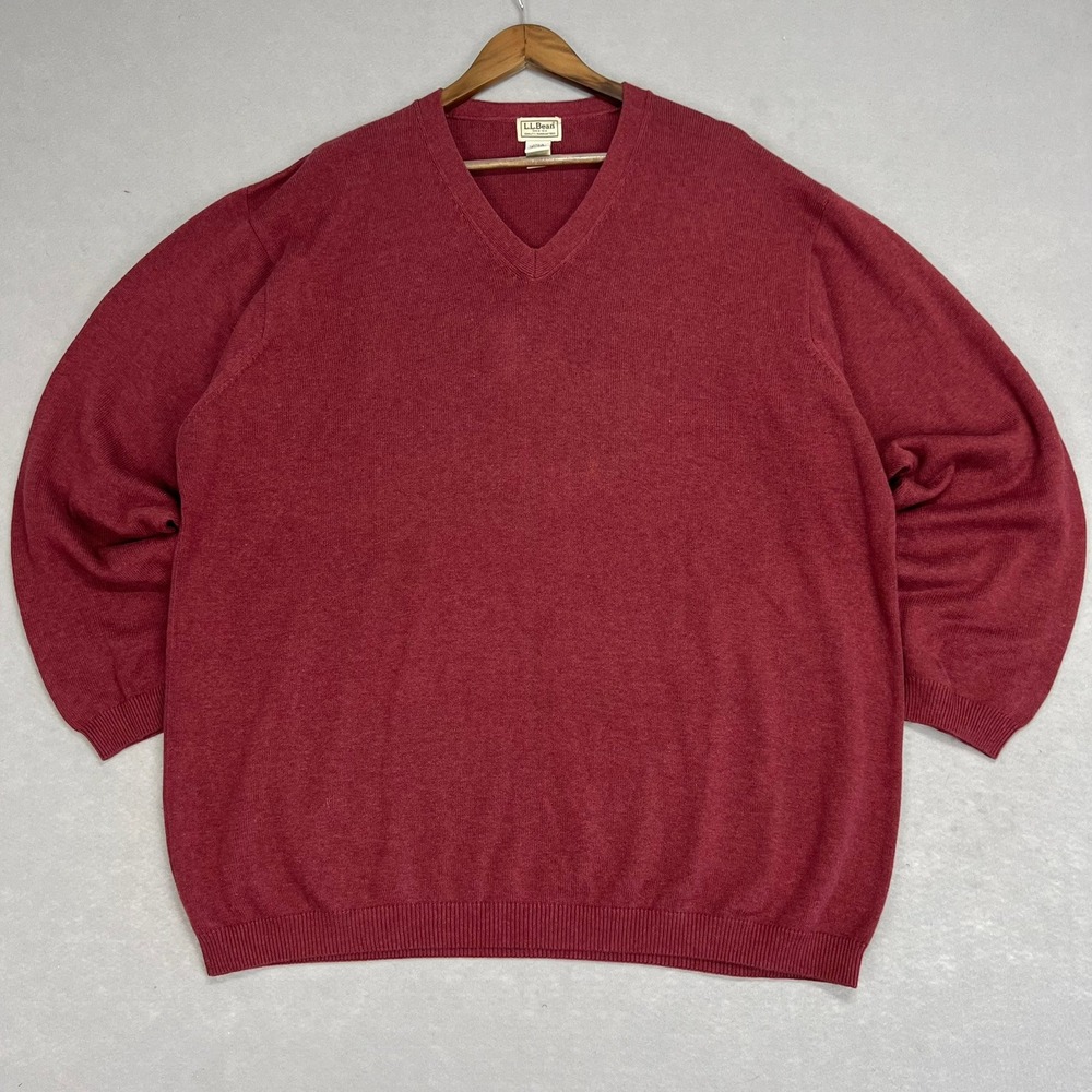 VTG LL Bean Sweater Men's 2XLT Tight Knit Cotton V-Neck Long‎ Sleeve Red 90s